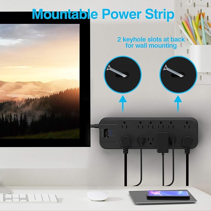VINTAR Power Strip Surge Protector (2 × 4800 Joules) with 12 AC Outlets,1875W Output, 6ft Long Extension Cord Flat Plug with Dual Surge Protection for Office, Home, ETL Listed, Black