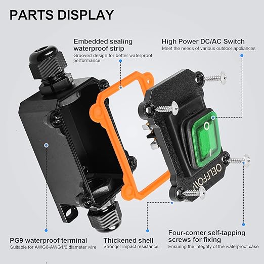 Waterproof On Off Toggle Switch Double Outlet with Green Light Rocker Button Inline Cord Switch DPST AC/DC 20A-125V,16A-250V,30A-24V,35A-12V, IP66