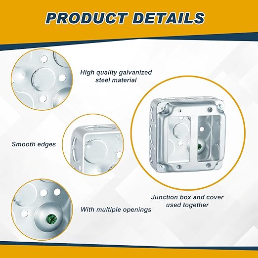 8 Set 4 × 4" Electrical Junction Box with Cover Electrical Metal Outlet Box, 21.0 Cu. in. Capacity Receptacle Exposed Work Cover, 1-1/2'' Deep (2 Gfci)