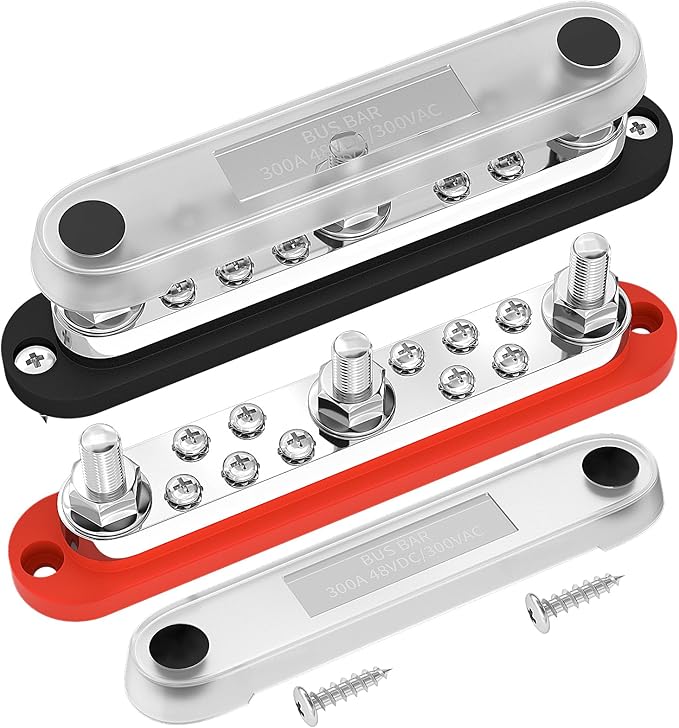 DaierTek 300A Copper Bus Bar 12V, Power Distribution Block with Cover 3 x 3/8” M10 Studs & 10 x M5 Terminal Screws for Car Marine Solar Battery Negative & Positive