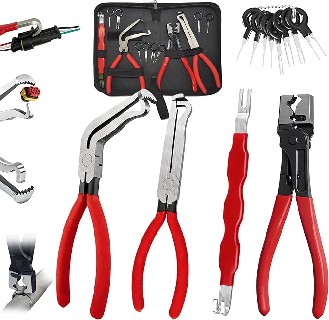 5Pcs Automotive Electrical Terminal Connector Separator Removal Tool,Electrical Disconnect Pliers, Connector Removal Tool with Electrical Pin Removal Tool Hose Clamp Pliers and Canvas Bag