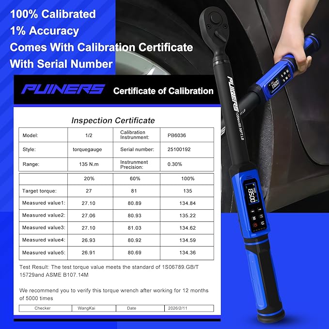 1/2" Digital Torque Wrench 1.5-99.56 Ft-lb (2-135 Nm), Electronic Inch Pound Torque Wrench with 3/8" Adapter, 5 Units ±1% Accuracy with Buzzer & LED Alerts for Car Bike Moto