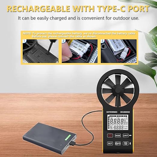 Handheld Anemometer CFM Meter, Rechargeable Digital Air Flow Wind Speed Gauge Meter CFM Measuring Device for HVAC Outdoor Sailing
