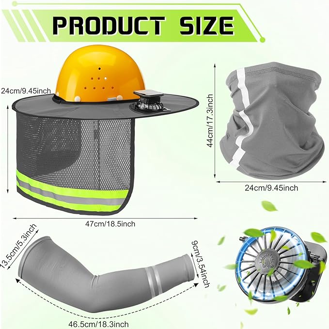 1 Set Sun Hard Hat Shade Full Brim Hard Hat Sun Visor with Solar Fans and Neck Sunshade Cover UV Reflective Strap Arm Sleeves Summer Protection Accessories