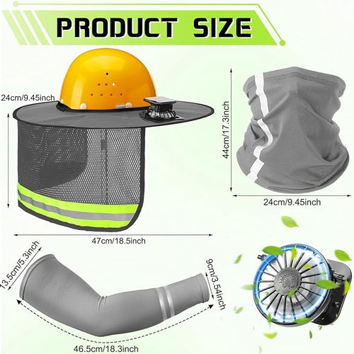 1 Set Sun Hard Hat Shade Full Brim Hard Hat Sun Visor with Solar Fans and Neck Sunshade Cover UV Reflective Strap Arm Sleeves Summer Protection Accessories