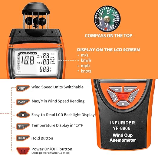Handheld Wind Cup Anemometer,INFURIDER YF-8806 Digital Wind Speed Gauge Meter Shows Wind Temperature,Max/Min/Avg Air Volume,Wind Velocity/Direction w/Compass for HVAC Weather Monitoring