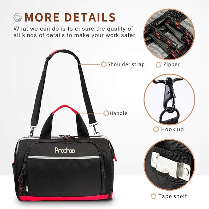 Tool Bag, Waterproof Tool Bags for Men or Women, 16-inch Wide Mouth Tool Bag Organizer with 25 Pockets for Tool Storage Bag, with Adjustable Shoulder Strap (Black/Red)