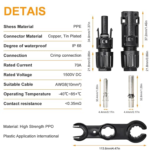 8AWG Solar Panel Connector, IP68 Waterproof 1500V Solar Connector, 70A Solid Tinned Copper Terminal, 5 Pairs with 2 Spanners for Solar PV Cable(10mm²)