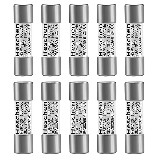 Heschen Solar DC1000V PV Fuse, Photovoltaic Fuses, gPV Type Fuse Link, HSPV-30, 10 * 38mm, 30A 1000VDC, I1 33kA, for Solar PV System Protection, 10PCS