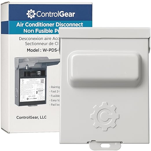 60 Amp or 30 amp Pullout Non-FUSIBLE Disconnect Switch, ControlGear Brand 240V NEMA 3R Outdoor Metallic Enclosure for HVAC Systems, UL Certified, Single Phase Two Wire
