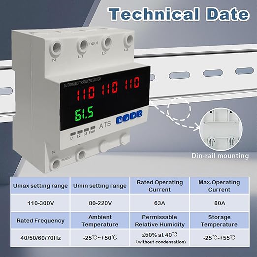 4P Automatic Transfer Switch with LCD Display, 63A Triple Power ATS with 4 Digital Displays for Input & Output Real-Time Volrage Monitoring, Automatic Changeover for Utility/Generator/Solar