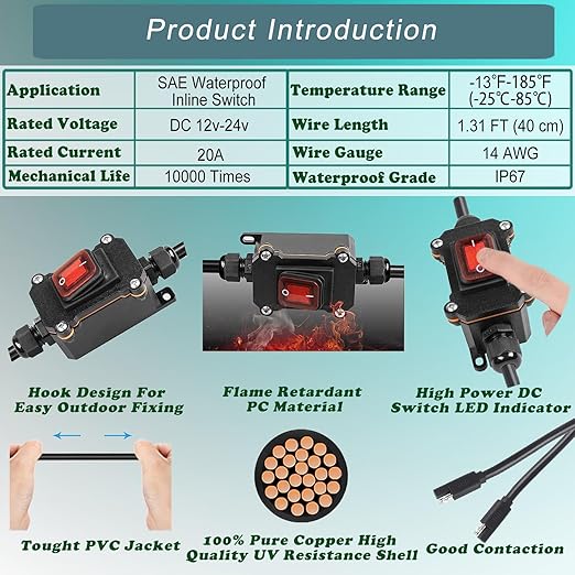 Inline 12V Power Switch with IP67 Waterproof Rating, 14AWG SAE Cable with ON/Off Switch, Quick Connect/Disconnect Snap, SAE Converter Cable for Solar Panel, Motorcycle, RV, Camp Trailer