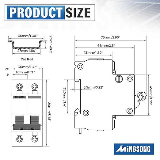 DC Solar Panels Disconnect Switch 50 Amp Solar Shut Off Switch 12V-400V 2 Poles Small Miniature Circuit Breaker for PV Homes, AC 110V DIN Rail MCB