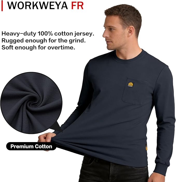 WORKWEYA Men's FR Shirts 6.5oz Lightweight Long Sleeve Flame Resistant T-Shirt NFPA 2112/CAT2