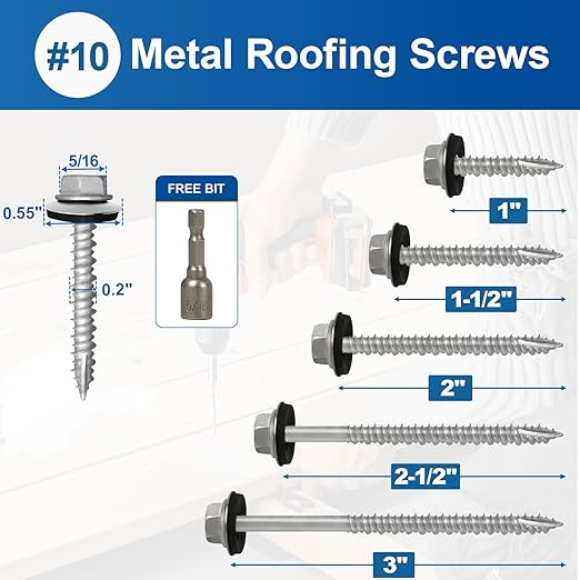 Metal Roofing Screws #10×1-1/2Inch, 320-PCS, Hex Head Rustpert Coating Sheet Metal to Wood Siding Screw with EPDM Rubber Washer, Sharp Point, Hex Socket Included