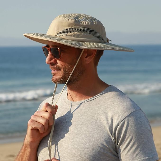 Men Safari Sun Hat Wide Brim Boonie Fishing Cap with Adjustable Drawstring