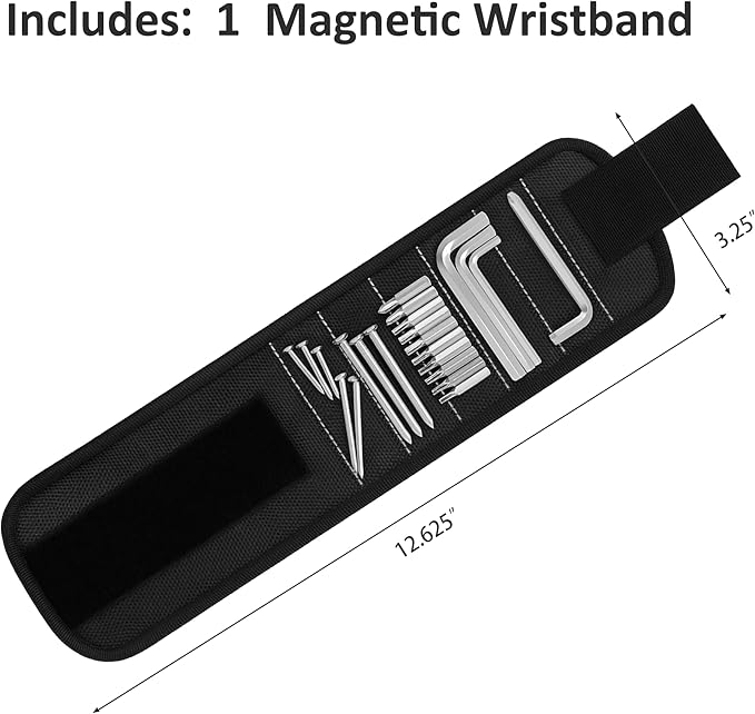 2PC Magnetic Wristband, 5-Row Strong Magnets for Holding Screws, Nails, Drill Bits, Tools Organizer for Craftsmen, Construction, Great Gift for Dad, Men (Black)