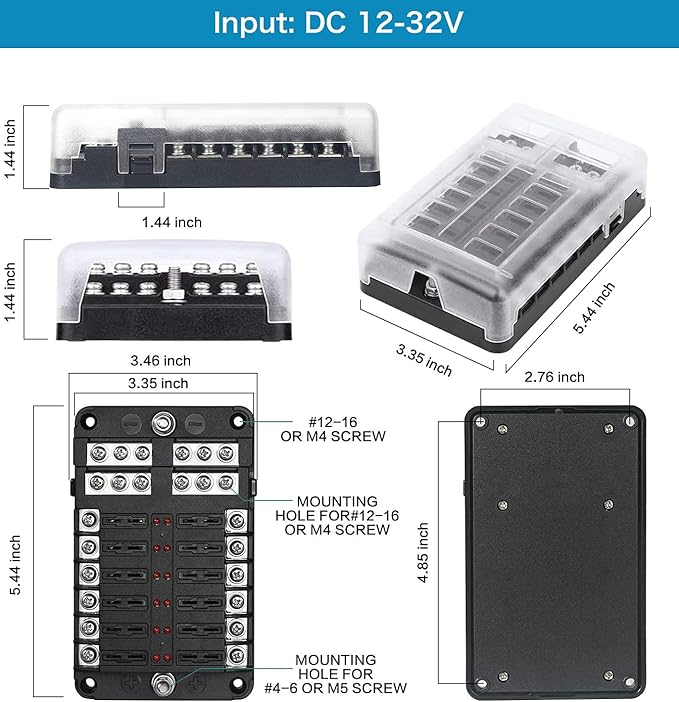 12 Way 12V Blade Fuse Block,12 Circuit ATC/ATO Fuse Box Holder with LED Indicator Waterpoof Cover for 12V/24V Automotive Truck Boat Marine RV Van Vehicle