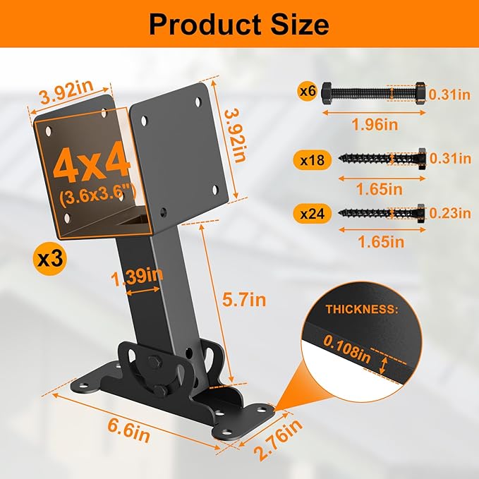 4x4 Heavy Duty Roof Riser Brackets Kit 3 Pack, Adjustable Angle Pergola Brackets, Black Metal Roof Riser Beam Bracket for Roof