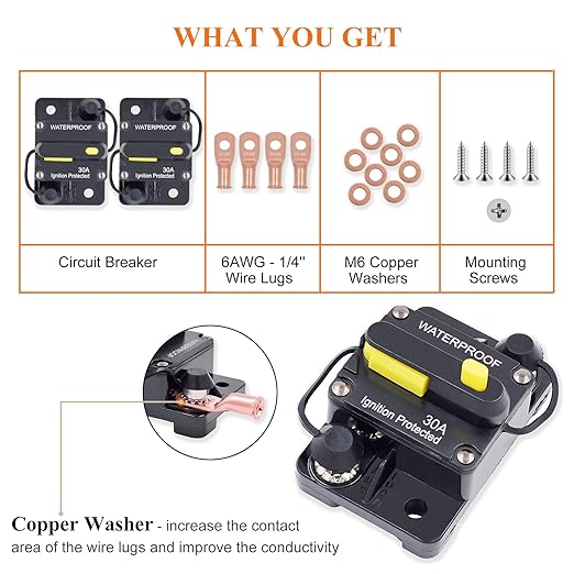 2-Pack 30 Amp Circuit Breaker with Manual Reset, DC 12V - 48V Circuit Protector for Marine Trolling Motor Car Amplifier RV Solar Truck ATV Inverter, Waterproof Surface-Mount Inline Fuse Holder