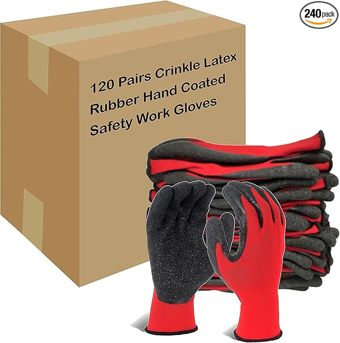 Evridwear Crinkle Latex Rubber Hand Coated Safety Work Gloves for Men Women General Multi Use Construction Warehouse Gardening Assembly Landscaping,Red Large 120 Pairs Pack