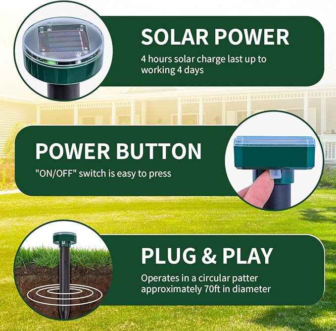 Green 8 Mole Repellent for lawns Gopher Repellent Ultrasonic Solar Powered Snake Repellent Deterrent Mole Repeller Vole Repellent Outdoor Lawns Garden Yard All Pests Sonic Spikes Stakes Chaser upgrade