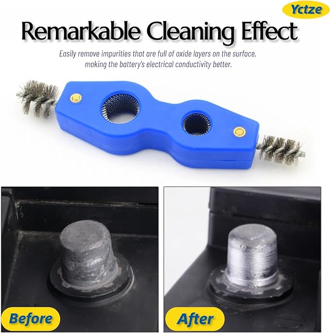 Yctze 4 in 1 Steel Battery Terminal Cleaning Brush, Battery Cleaner Tool, Perfect for Battery Terminals & Pipes, Suitable for Auto Battery Post Cleaner