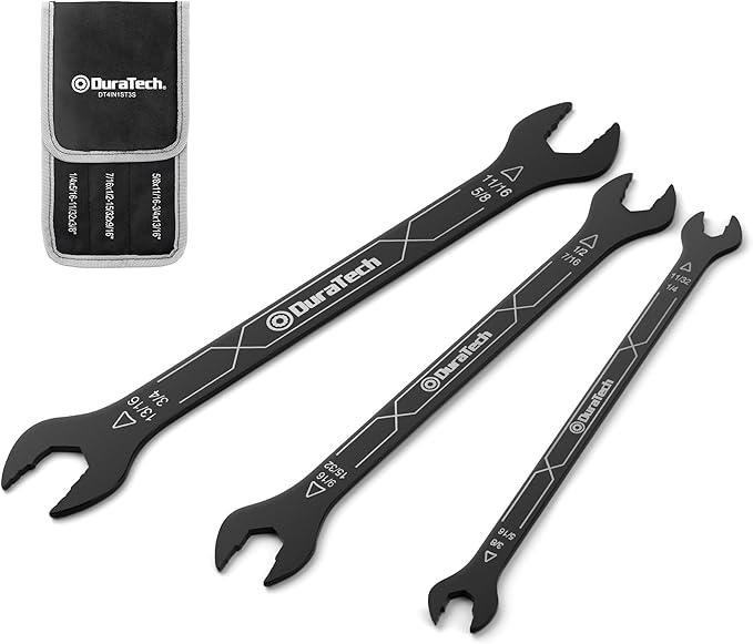 DURATECH 4-in-1 Super-Thin Open End Wrench Set, 3-Piece, 12 Sizes, SAE, Including 1/4", 5/16", 11/32", 3/8", 7/16", 1/2", 15/32", 9/16", 5/8", 11/16", 3/4", 13/16", Ultra-slim, Rolling Pouch Included