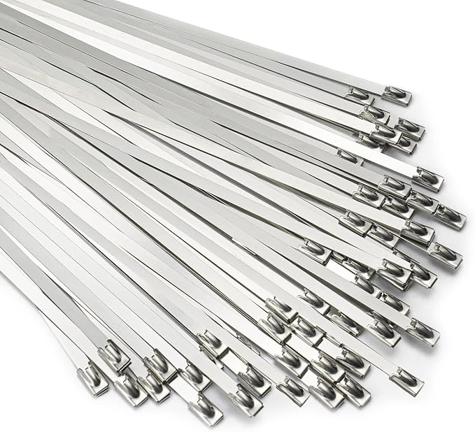 Metal Zip Ties 11.8 inch 100pcs 304 Stainless Steel Zip Ties Heavy Duty Multi-Purpose Self-Locking Cable Ties for Machinery, Vehicles, Exhaust Wrap, Farms, Pipes, Roofs, Cables, and Outdoor Fence