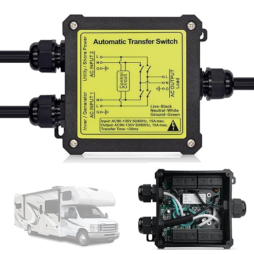 15 Amp Automatic Transfer Switch for RV,Speedboats,Travel Trailer,Camper Van,120V Generator Transfer Switch for Inverter/Shore Power/Generators