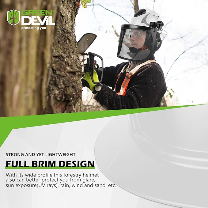 GREEN DEVIL Industrial Chainsaw Helmet with Face Shield Built in Visor and Ear Muffs 4 in 1 System ANSI Z89.1 Safety Hard Hat Adjustable Headgear Ideal for Forestry and Arborist Work Full Brim Style