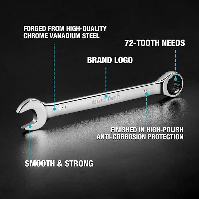 DURATECH Ratcheting Wrench Set, Combination Wrench Set, SAE & Metric, 22-piece, 1/4" to 3/4" & 6-18mm, CR-V Steel, with Pouch