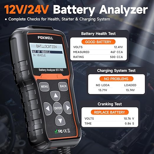Car Battery Tester 24V 12V, FOXWELL BT705, GRS Certified Professional Automotive 100-2000CCA Load Tester, Digital Cranking Charging System Alternator Analyzer for Shop Mechanic Heavy Duty Truck Boat