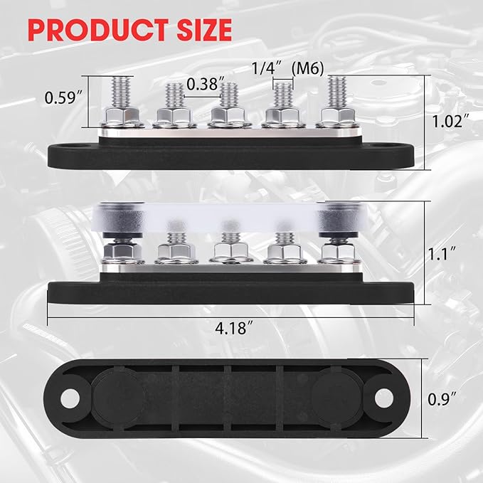 12v Bus Bar Power Distribution Block, 150A Busbars with 5 x 1/4" Studs for Marine Car Audio Solar System