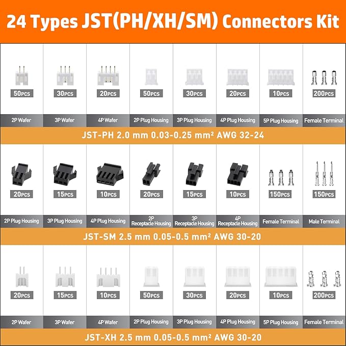PEBA Crimping Tool and JST Connector Kit - 24 Types of 2.0 mm JST-PH Connectors & Crimp Pins, 2.5 mm JST-XH & JST-SM Housings and Contacts, for DIY Electronics - Suitable for AWG 32-20 Wires