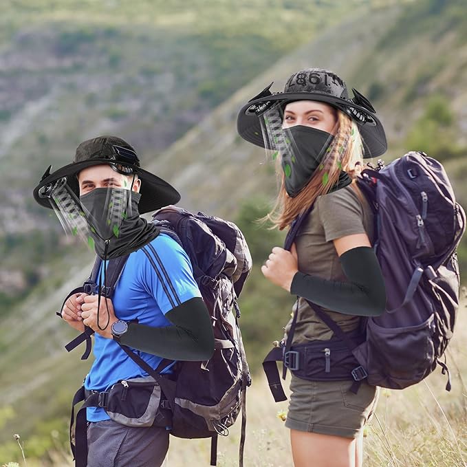 Syhood Solar Powered Fan Hat with Arm Sleeves Neck Gaiter for Men Women Outdoor Wide Brim Bucket Hat with Fan for Hiking