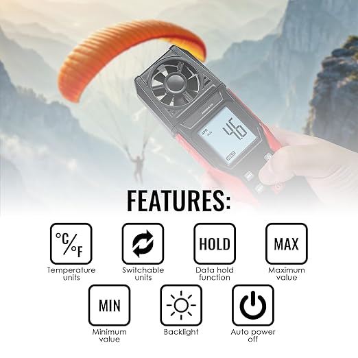 Digital Anemometer Handheld Wind Speed Meter for Air Velocity, Temperature Outdoor High Accuracy Anemometer Gauge Max/Min Data Hold, Battery Indicator for Drone Flying, Sailing, HVAC, Weather