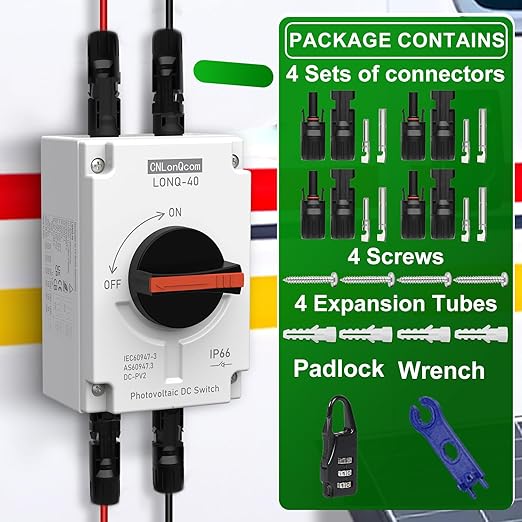 CNLONQ Solar PV Disconnect Switch 32 Amp DC1500V Rapid Shutoff Isolator Switch 1in 1out with Plug & Play Connector and IP66 Waterproof for Rooftop Solar Home Systems, RVs and Boats