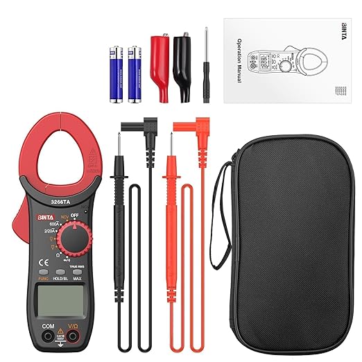 BINTA Digital Clamp Meter, Multimeter 2000 Counts with Auto Range NCV TRMS, 600A AC Amp clamp multimeter with Ohm Measures, Capacitance Resistance Diodes, 2PCS Alligator Clips