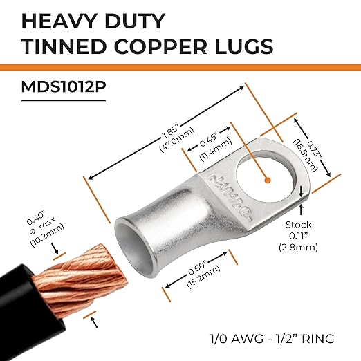 SELTERM 5pcs 1/0 AWG 1/2" Stud Tinned Copper Wire Lugs, Battery Cable Ends, Ring Terminals, 0 Gauge Terminal Connectors, UL Marine Grade Electrical Connectors