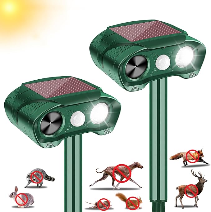 2 Pack Solar Ultrasonic Animal Repeller Outdoor Cat Deer Repellent Devices with Strobe Flashing Light - Keep Squirrels, Dogs, Raccoons,Rabbits,Skunks Away from Garden Yard Farm Animal Deterrent