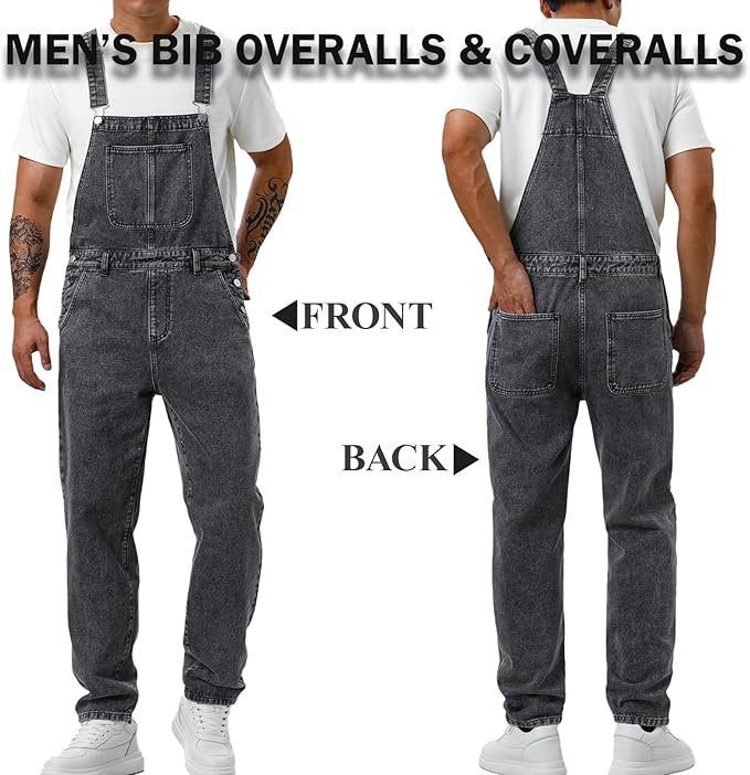 Men's Bib Overall Relaxed Fit Adjustable Strap Denim Work Pants with Large Pockets Durable Comfortable Jumpsuit for Men