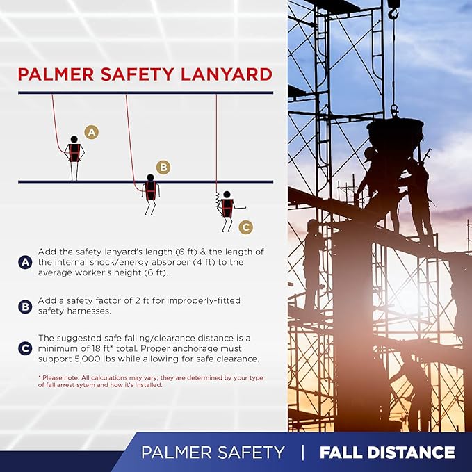 Palmer Safety ATERET Bundle 1D Full Body Safety Harness 6' Safety Lanyard 4' Anchor Strap I OSHA Compliant Arrest Kit I Ideal for Construction & Scaffolding Use