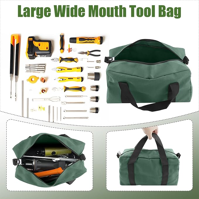 Small Tool Bag,Close Top Wide Mouth Tool Organizer Bag,Large Capacity Tool Bags for Men,Canvas Tool Storage Bag for Storage Handbag for Screwdrivers,Wrench,Pliers Hand Tools (DarkGreen, 12 Inch)