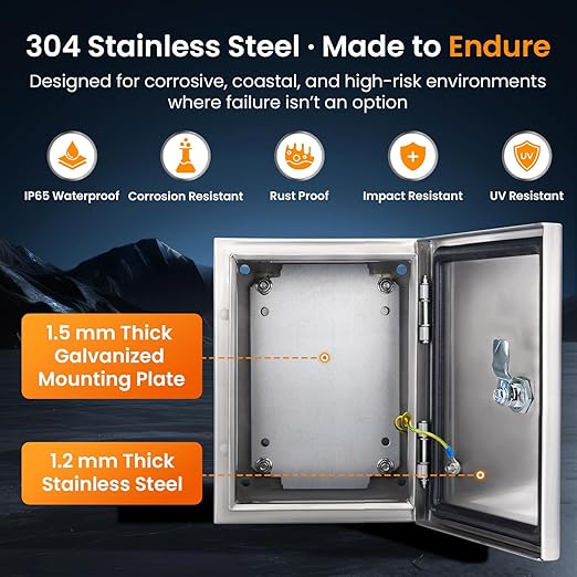 QILIPSU 304 Stainless Steel Electrical Box IP65 Waterproof Steel Project Enclosure Lockable Weatherproof Electric Junction Box for Indoor & Outdoor Use 18"x14"x8"