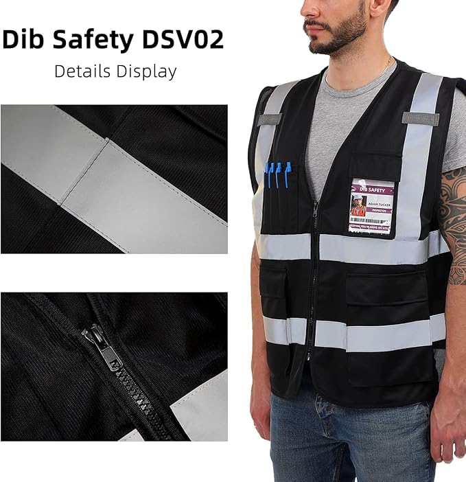 Dib Safety Reflective Vest ANSI Class 2, High Visibility Vest with Pockets and Zipper, Construction Work, Hi Vis