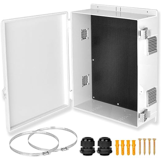 Electrical Junction Box, Outdoor Water Resistant Nema Enclosure, Ventilated ABS Plastic WiFi Project Box with Internal Mounting Panel & Hinged Cover 18.1" Lx 12.7" Wx 4.3"