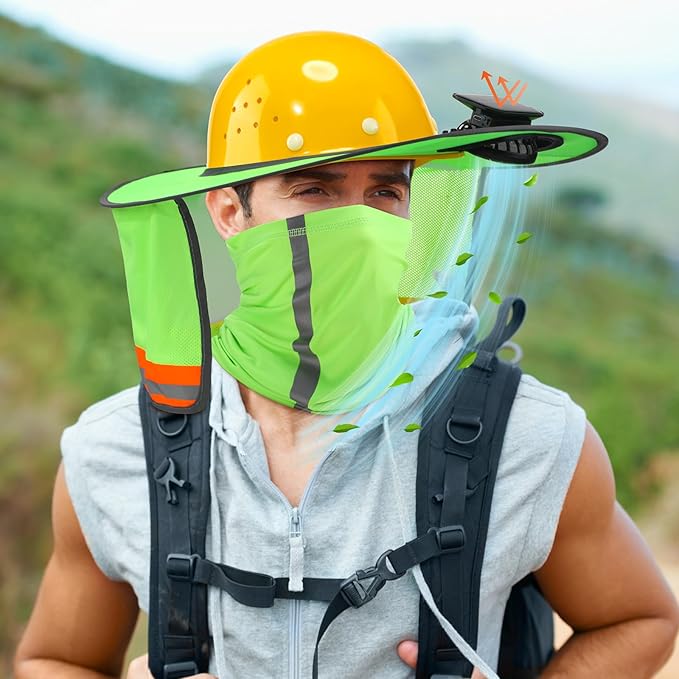 1 Set Sun Hard Hat with Solar Fan Shade Full Brim Hard Hat and Neck Sunshade Cover High Visibility Full Brim Mesh with Reflective Strip for Outdoor Summer Protection