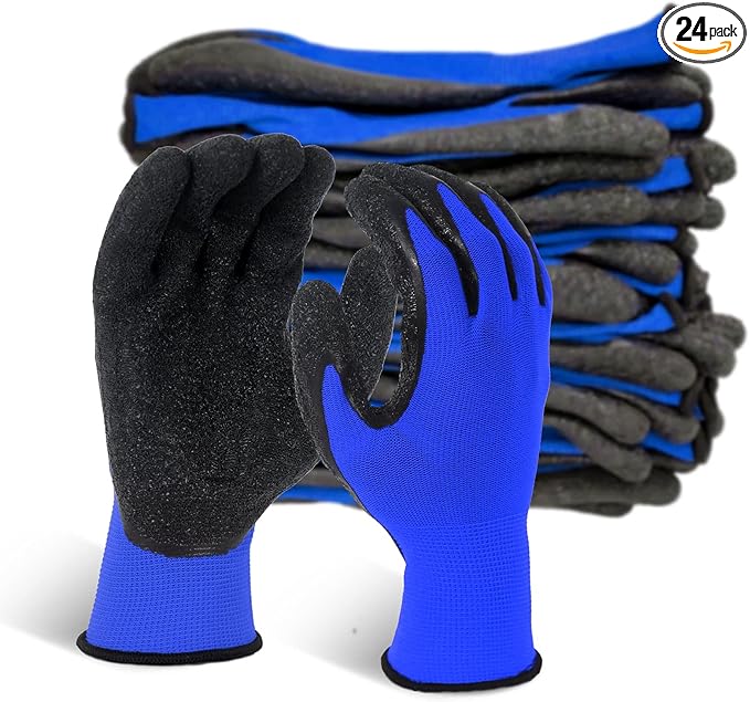 Evridwear Crinkle Latex Rubber Hand Coated Safety Work Gloves for Men Women General Multi Use Construction Warehouse Gardening Assembly Landscaping (Large,Blue- 12 Pairs)