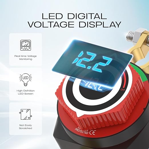 Top Post Battery Disconnect Switch 12V with LED Voltmeter, DC5-80V Car Battery Disconnect Switch Kill Switch for Car, RV, Boat, Marine On Off Battery Cut Off